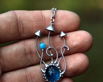 Mushroom Necklace: Handmade Copper, Pewter & Blue Glass - Cottagecore Jewelry
