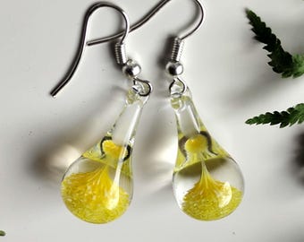 Yellow and Clear Glass Drop Earrings, Handcrafted Borosilicate Teardrop Jewelry