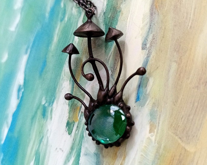 Handmade metal fungi magic mushrooms pendant, forest style pendant, fungi jewelry necklace, aesthetic witch woodland mushrooms necklace.