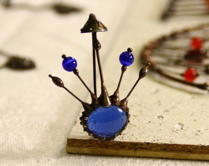 Handmade Blue Glass Mushroom Brooch - Psychedelic Forest Pin