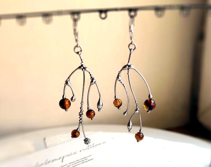 Asymmetrical Tree Branch Long Dangle Earrings, Copper, Amber, Steel.