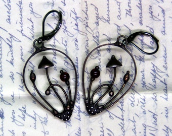 Handmade Mushroom Drop Earrings: Copper, Pewter & Red Glass