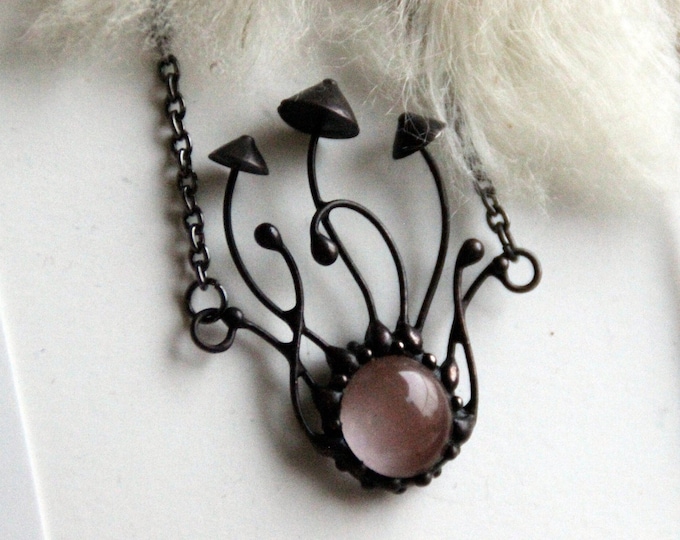 Magic mushrooms on raindrop stained glass toadstools boho pendant necklace with watermelon quartz, forest pixie jewelry.