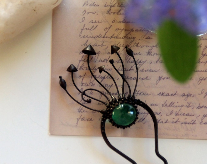 Witchcraft forest mushrooms handmade metal hair pin with green glass, inpired by nature woodland psychedelic jewelry, unusual forest gift.