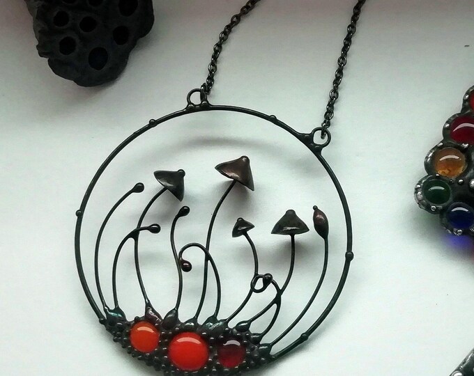 Handcrafted Mushroom Circle Pendant: Copper, Pewter & Glass - Psytrance Jewelry