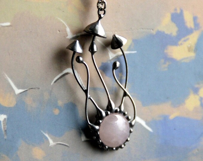 Stained glass witch jewelry magic mushrooms on raindrop handmade metal necklace, nature lover gift, forest fungi pendant with pink quartz.