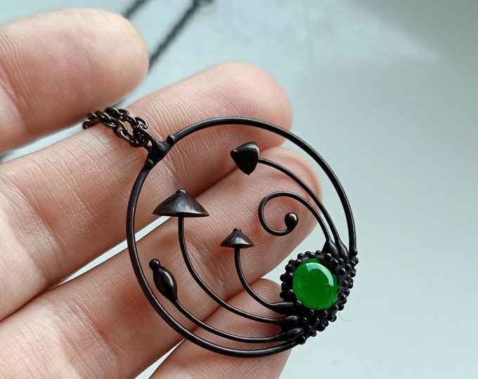 Bohemian mystical round forest pendant necklace, magical woodland jewelry, handmade magic mushrooms circle necklace, unusual nature gift.