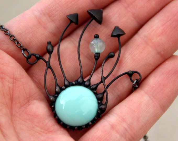 Magic mushroom jewelry hippie psylocibe fungi necklace pendant with blue glass, mushroom art, psychedelic unusual pendant, forest fungi art