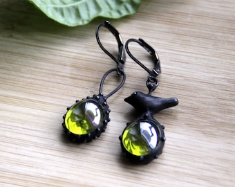 Forest earrings black metal bird, woodland  asymmetrical stained glass jewelry, boho hippie berdie earrings, witch fairy style jewellery.
