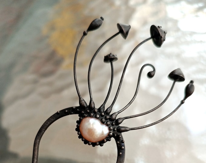 Forest magic mushrooms amanita handmade metal hair pin with white pearl, aesthetic fairy witch elven jewelry inspired by wild nature.