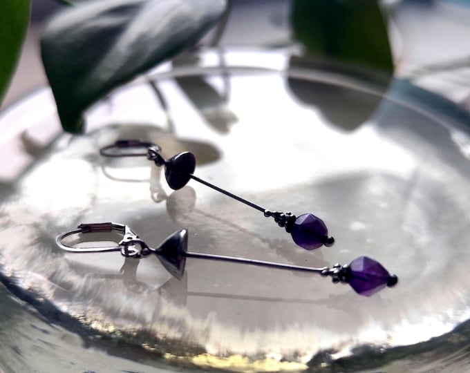 Amethyst Mushroom Earrings, Silver-Tone Copper and Pewter Mycology Jewelry