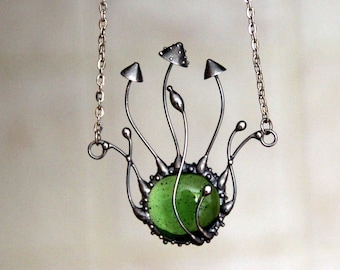 Handmade Copper Fungi Necklace: Green Glass Mushroom Pendant