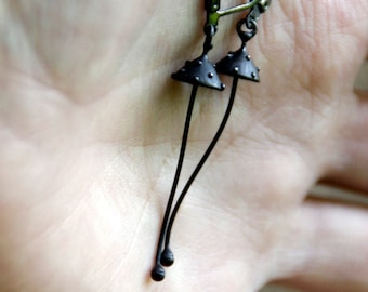 Forest witch's hat mushroom metal earrings, woodland faerie style psychedelic jewelry, forest fairy amanita mushrooms earrings.