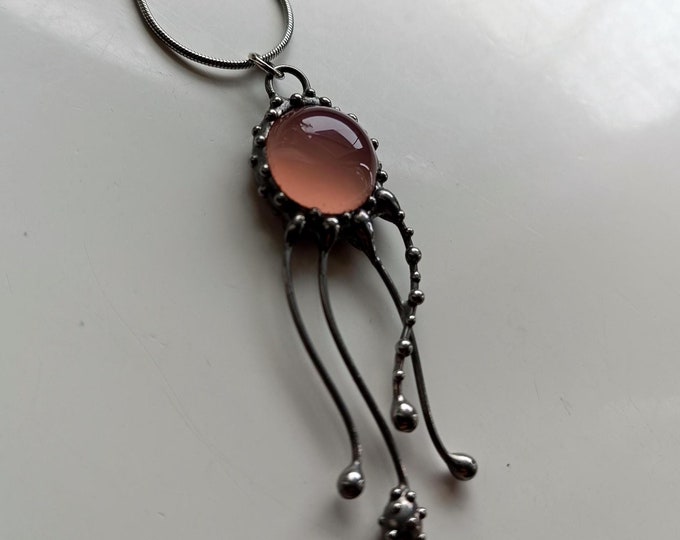Ocean creatures jellyfish stained glass necklace with rose agate stone, unuque sea lover gift, unusual suncatcher octopus pendant.