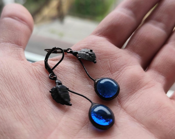Boho style blue cherry earrings, handmade metal cherry stained glass blue suncatchers earrings, unique bohemian gift for her.