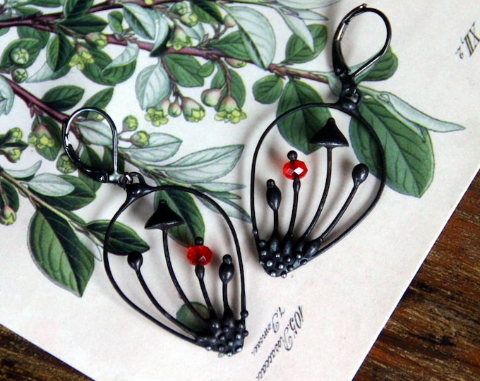 Handmade metal drops psychedelic magic mushrooms earrings, witch jewelry, forest style, fungi, psytrance, boho hippie jewellery.