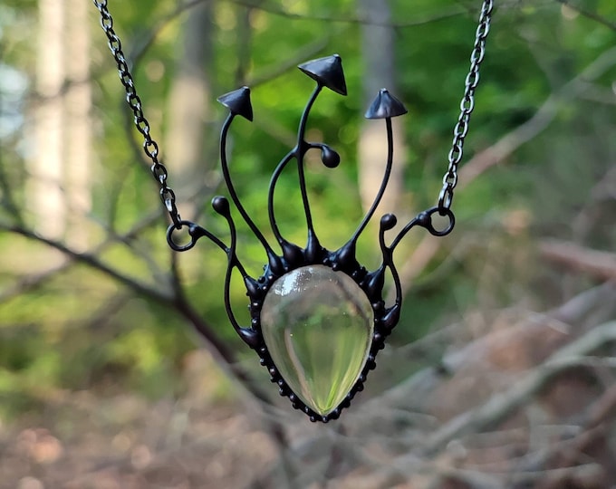 Clear Glass Mushroom Necklace, Blackened Copper Forest Pendant, Psychedelic Fungi Wearable Art