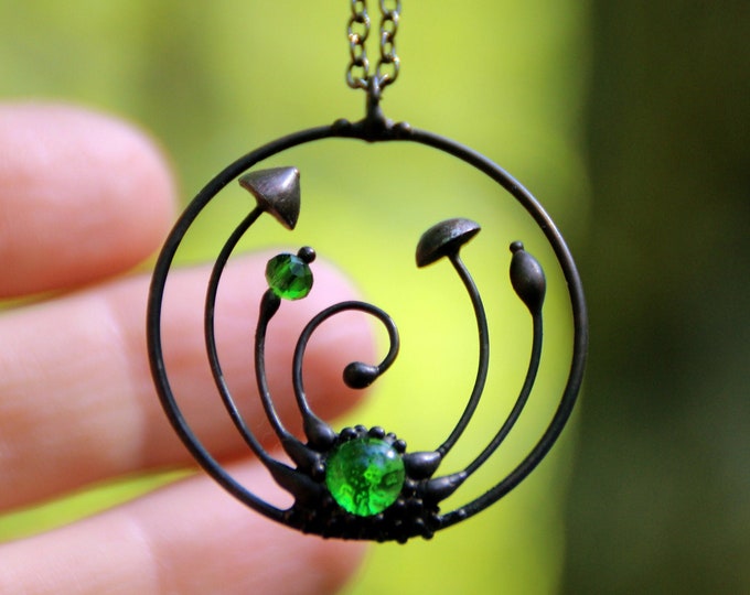 Stained glass magic mushrooms metal round necklace, handmade hippie boho pendant with fungi, unique forest gift botanical jewelry.