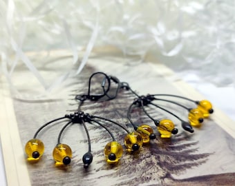 Handmade Flower Earrings: Black Copper, Pewter & Yellow Glass