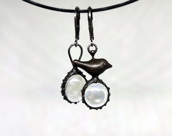 Asymmetrical forest birdie metal earrings with clear glass inspired by nature, forest fairy girl, aesthetic naturecore jewelry, forest gift.