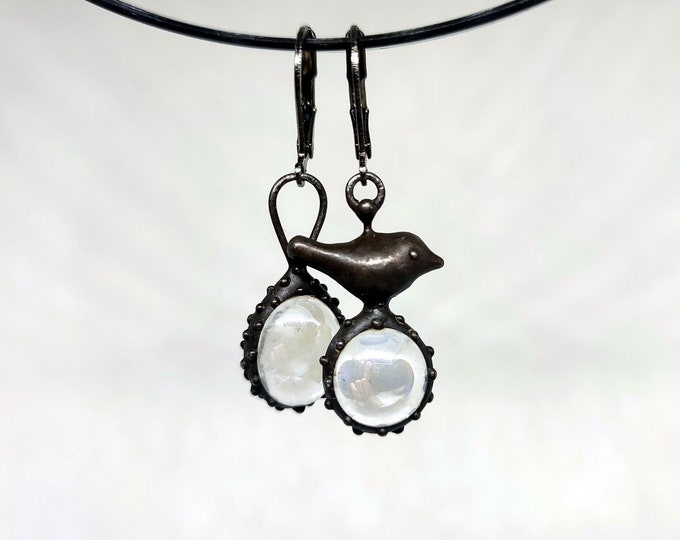 Asymmetrical forest birdie metal earrings with clear glass inspired by nature, forest fairy girl, aesthetic naturecore jewelry, forest gift.