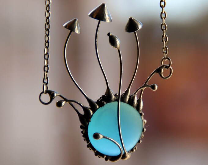 Handmade metal magic mushrooms necklace, witch pendant, foreststyle necklace, fungi pendant, stained glass witch jewelry necklace.