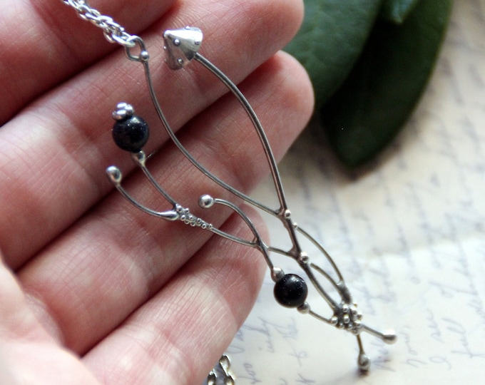 Hippie magic mushroom amanita silver color metal pendant with black stone, forest witch small necklace, fungi psychedelic necklace