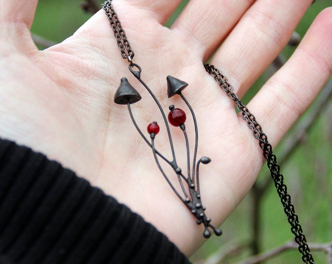 Stained glass psytrance psychedelic magic mushrooms necklace with red glass vintage forest pendant mushrooms jewelry, unique forest gift.
