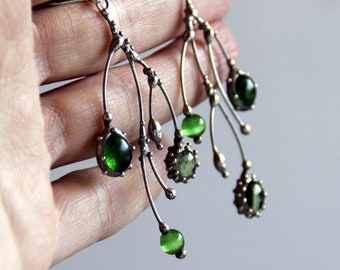 Floral asymmetric tree branch earrings with green glass, botanical core, forest botanical earrings, unusual boho hippie fairy earrings