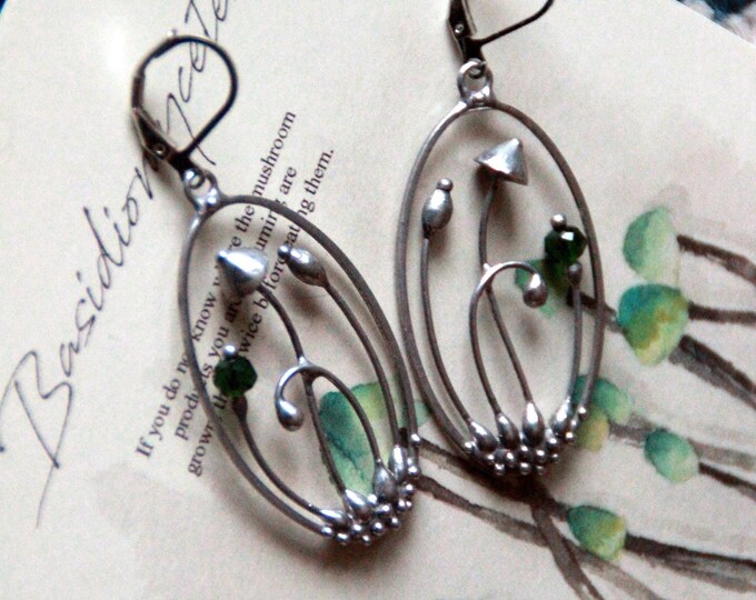 Handmade silver metal magic mushrooms oval earrings, fairystyle magic earrings, unusual boho hippie fungi earrings, witchcraft nature core