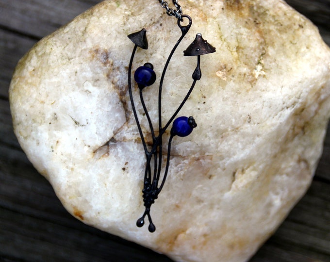 Forest mushroom jewelry necklace vintage pendant with blue ceramic, mushroom art psylocybe pendant, witch mushrooms necklace, pendant hippie
