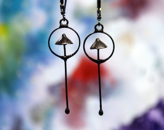 Black Mushrooms Earrings: Copper Pewter Steel, Handcrafted