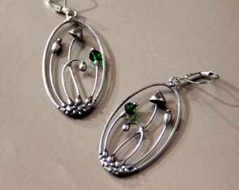Handmade silver metal magic mushrooms oval earrings, fairystyle magic earrings, unusual boho hippie fungi earrings, witchcraft nature core