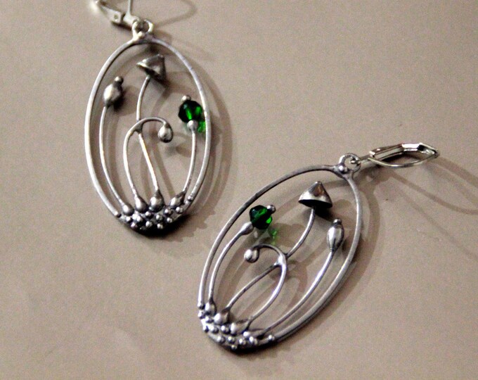 Handmade silver metal magic mushrooms oval earrings, fairystyle magic earrings, unusual boho hippie fungi earrings, witchcraft nature core