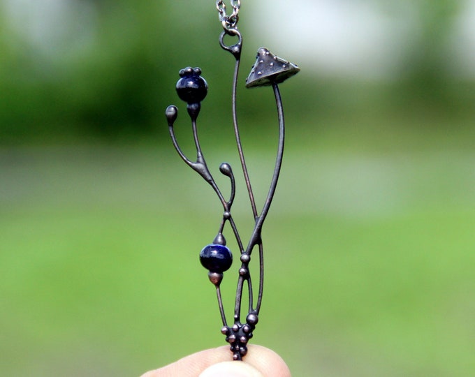 Small Copper Mushroom Necklace: Blue Ceramic, Wiccan Jewelry