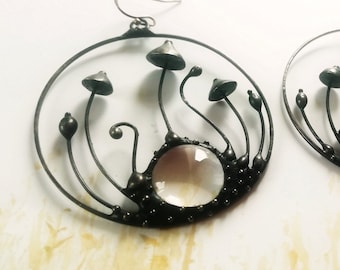 Handmade Stained Glass Mushrooms Hoop Earrings, Clear Cabochon, Boho Jewelry