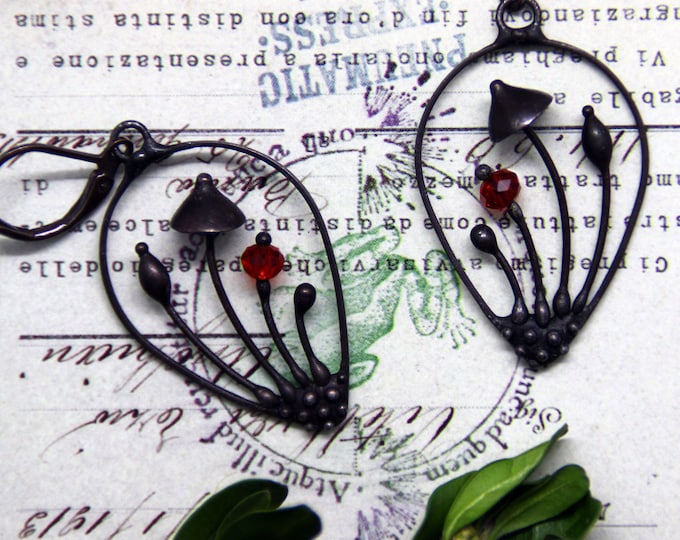 Mushroom Drops Earrings - Handcrafted Psychedelic Jewelry - Witchy Forest Hippie Copper Red Glass - Yadovito Workshop
