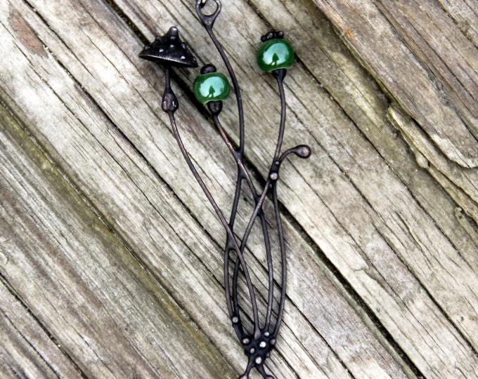 Handmade Mushroom Pendant: Copper, Green Ceramic, Forest Witch Jewelry