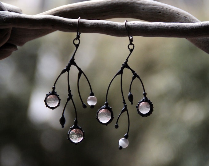 Tree branch earrings, asymmetrical jewelry, asymmetrical metal branch earrings with clear glass, witch earrings, asymmetrical boho, forest
