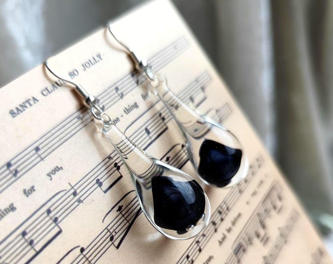 Handblown Black and Clear Glass Teardrop Earrings, Borosilicate Glass Wearable Art