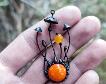 Amanita Mushroom Pendant: Boho Witchy Necklace with Orange Glass