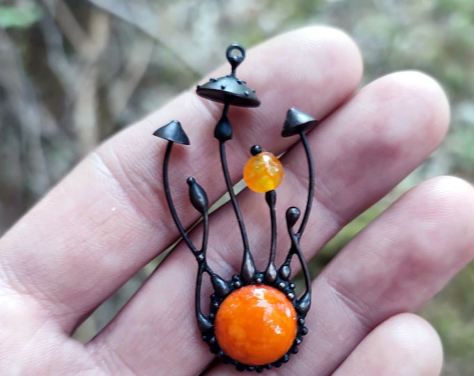 Amanita Mushroom Pendant: Boho Witchy Necklace with Orange Glass