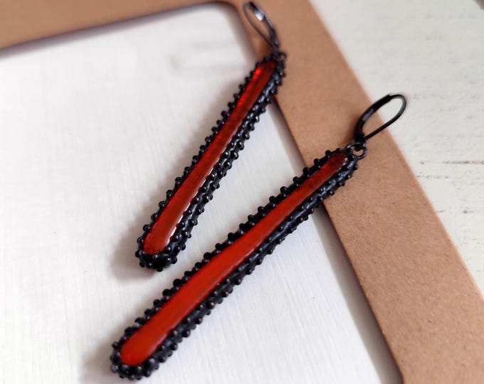 Unique author's jewellery minimalist stained orange glass earrings, simple geometry long earrings, boho style suncatchers earrings.