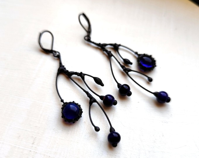 Asymmetrical Branch Earrings: Handmade Copper, Pewter, Steel, and Blue Glass