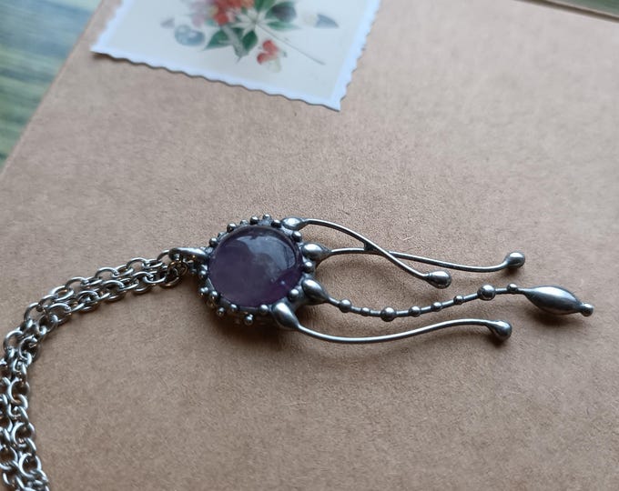 Psychedelic creatures jellyfish pendant necklace with purple amethyst, nature lover gift inspired by ocean, boho hippie octopus charm.