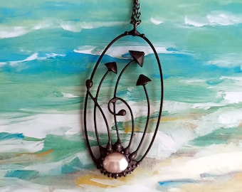 Pearl Mushroom Necklace, Blackened Copper Oval Forest Pendant, Botanical Wearable Art