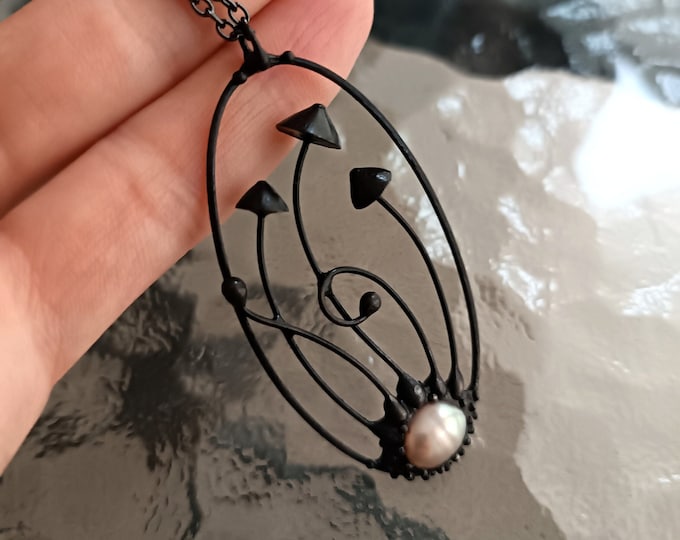 Wild nature psychedelic design handcrafted metal magic mushrooms necklace with pearl, inspired by forest fungi unusual botanical jewelry.