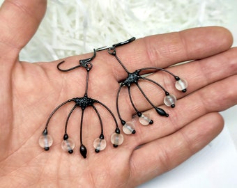 Handmade Flower Earrings: Boho Hippie Black Patina Copper, Clear Glass