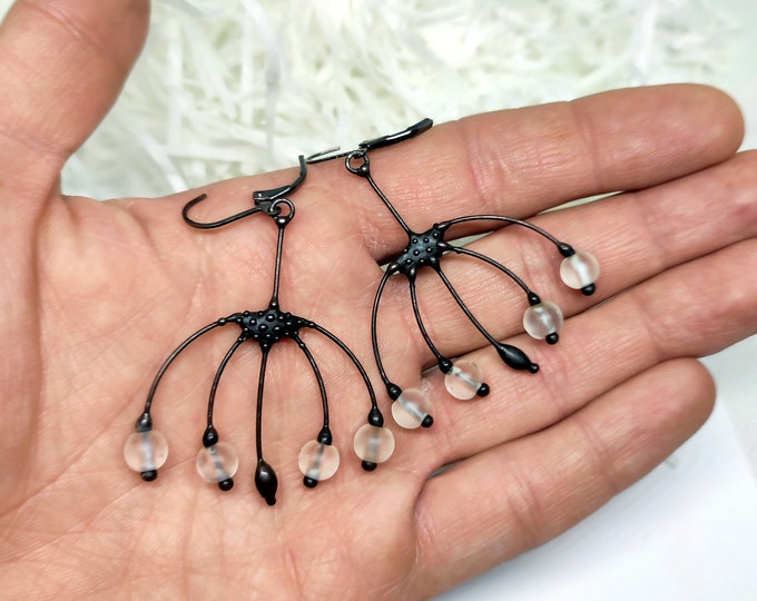 Handmade Flower Earrings: Boho Hippie Black Patina Copper, Clear Glass