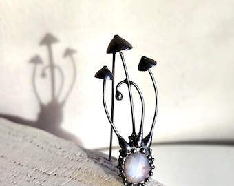 Handmade Mushrooms Brooch: Copper, Pewter, Steel & Moonstone - Forest Magic
